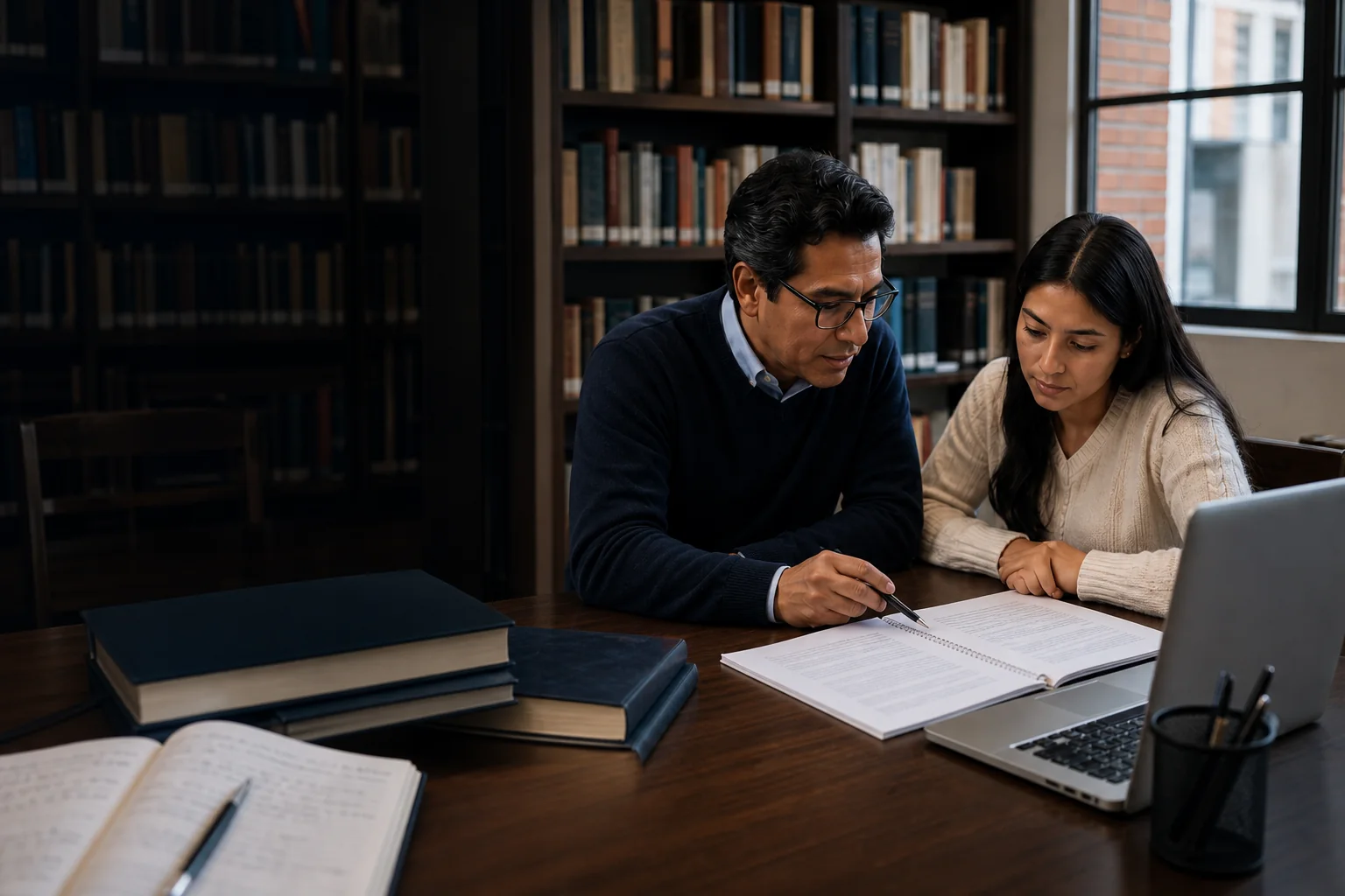 Asesor y estudiante revisando un plan de tesis